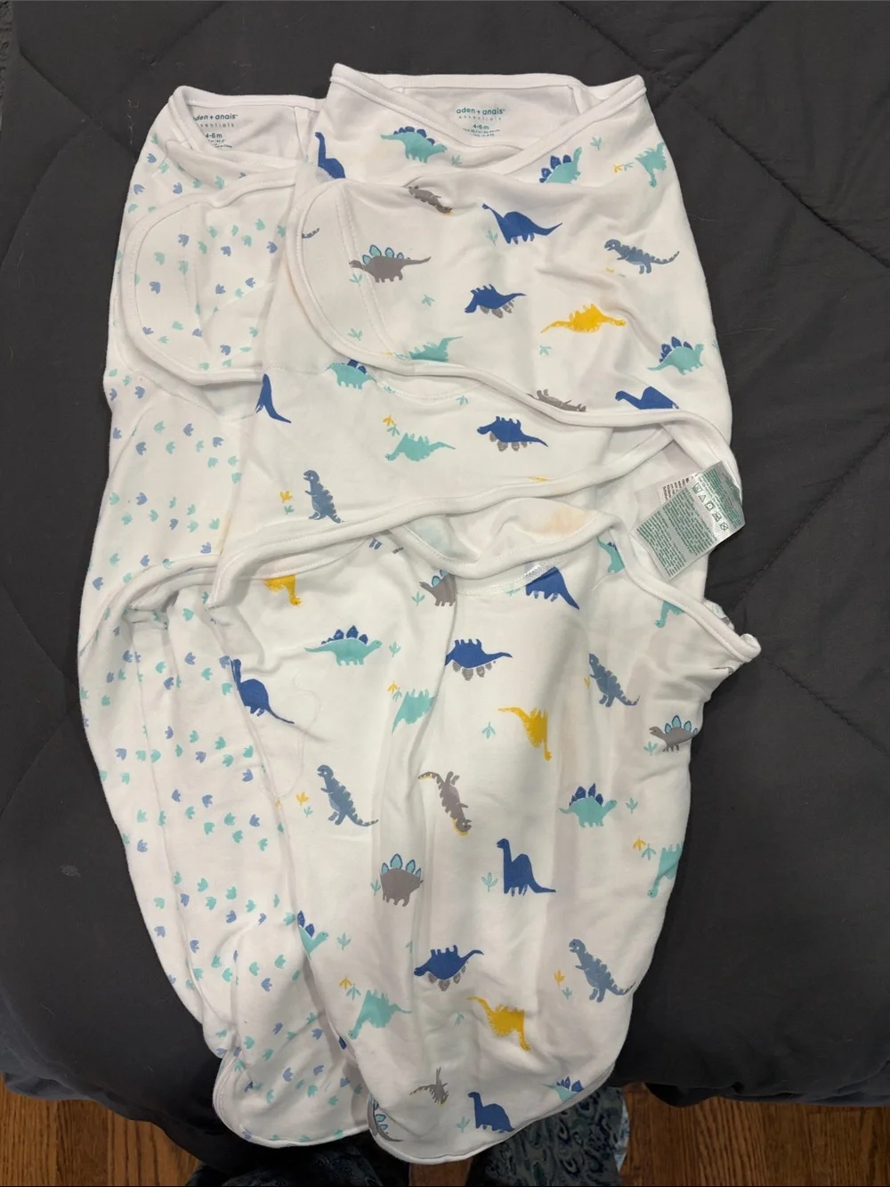 aden + anais White Baby Sleep Sacks with Blue, Teal, Yellow and Gray Dinosaurs